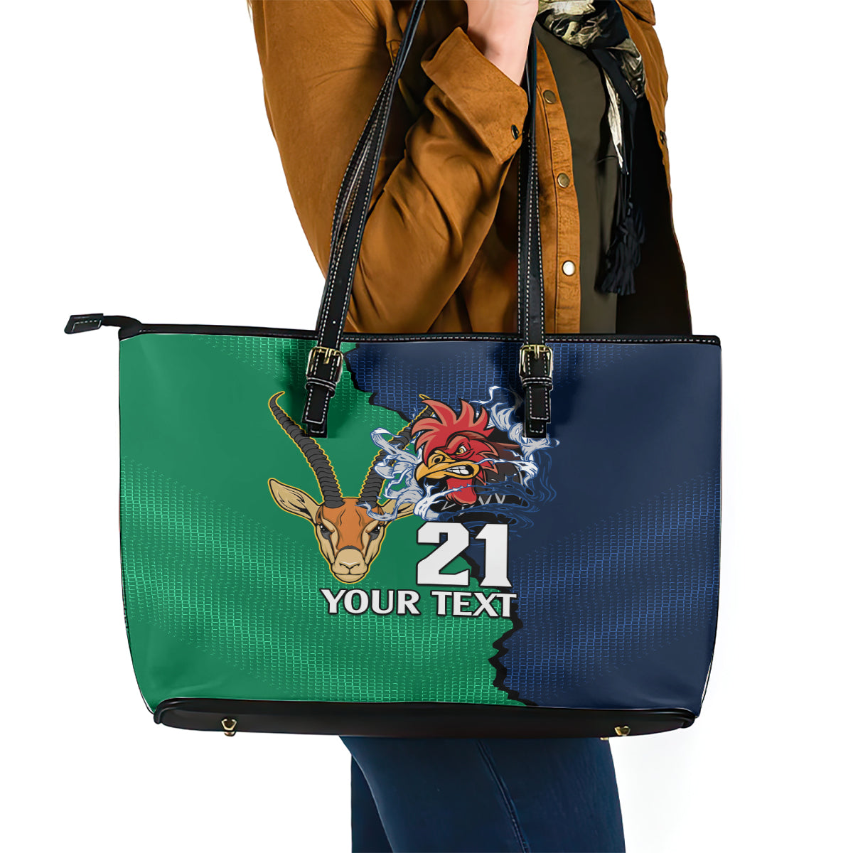 Custom France South Africa Rugby Leather Tote Bag Springboks and Gallic Rooster World Cup 2023 - Wonder Print Shop