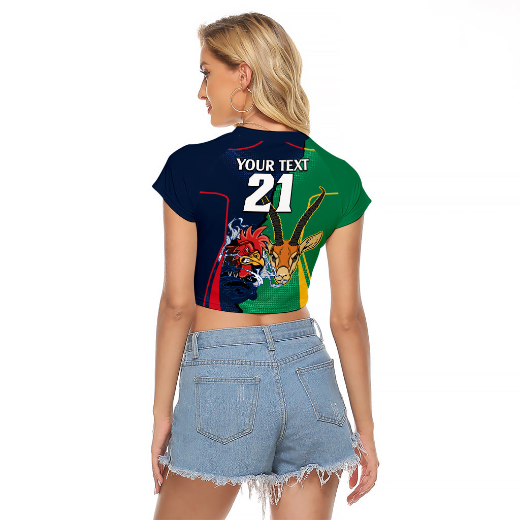 Custom France South Africa Rugby Raglan Cropped T Shirt Springboks and Gallic Rooster World Cup 2023 - Wonder Print Shop