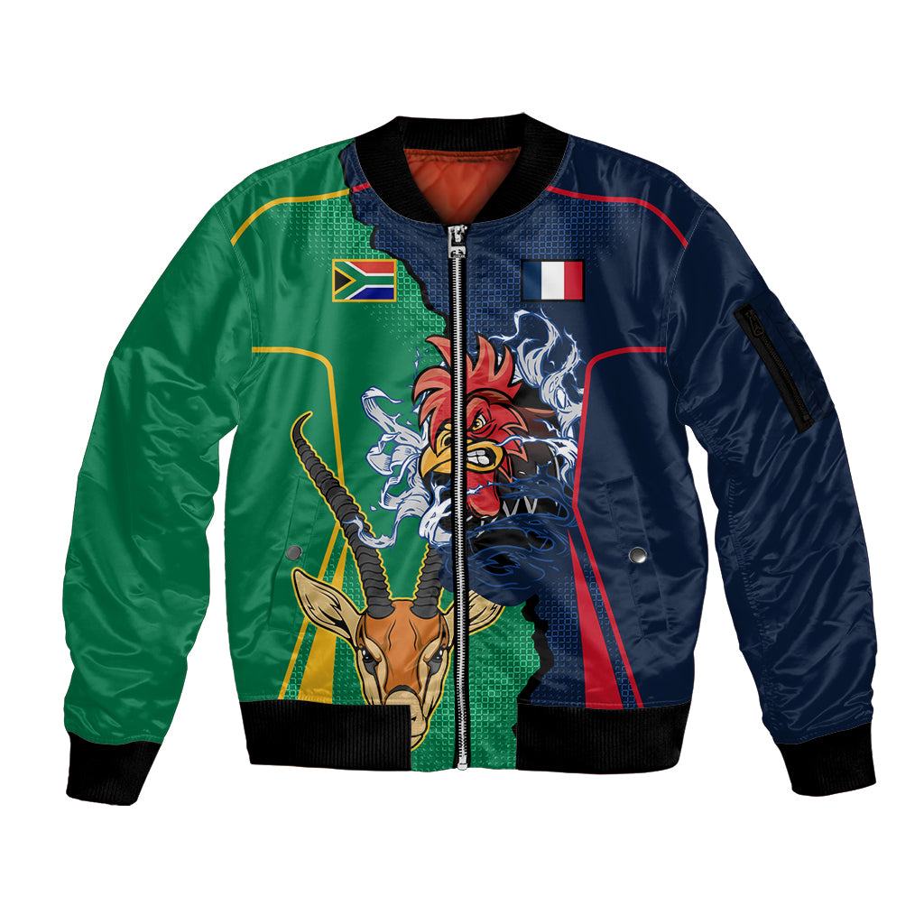 Custom France South Africa Rugby Sleeve Zip Bomber Jacket Springboks and Gallic Rooster World Cup 2023 - Wonder Print Shop