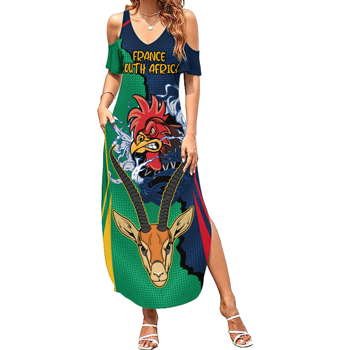 Custom France South Africa Rugby Summer Maxi Dress Springboks and Gallic Rooster World Cup 2023 - Wonder Print Shop