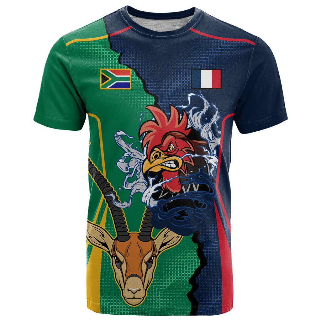 Custom France South Africa Rugby T Shirt Springboks and Gallic Rooster World Cup 2023 - Wonder Print Shop