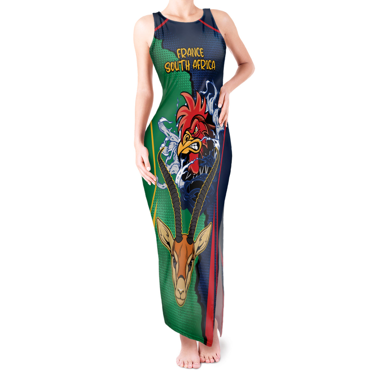 Custom France South Africa Rugby Tank Maxi Dress Springboks and Gallic Rooster World Cup 2023 - Wonder Print Shop