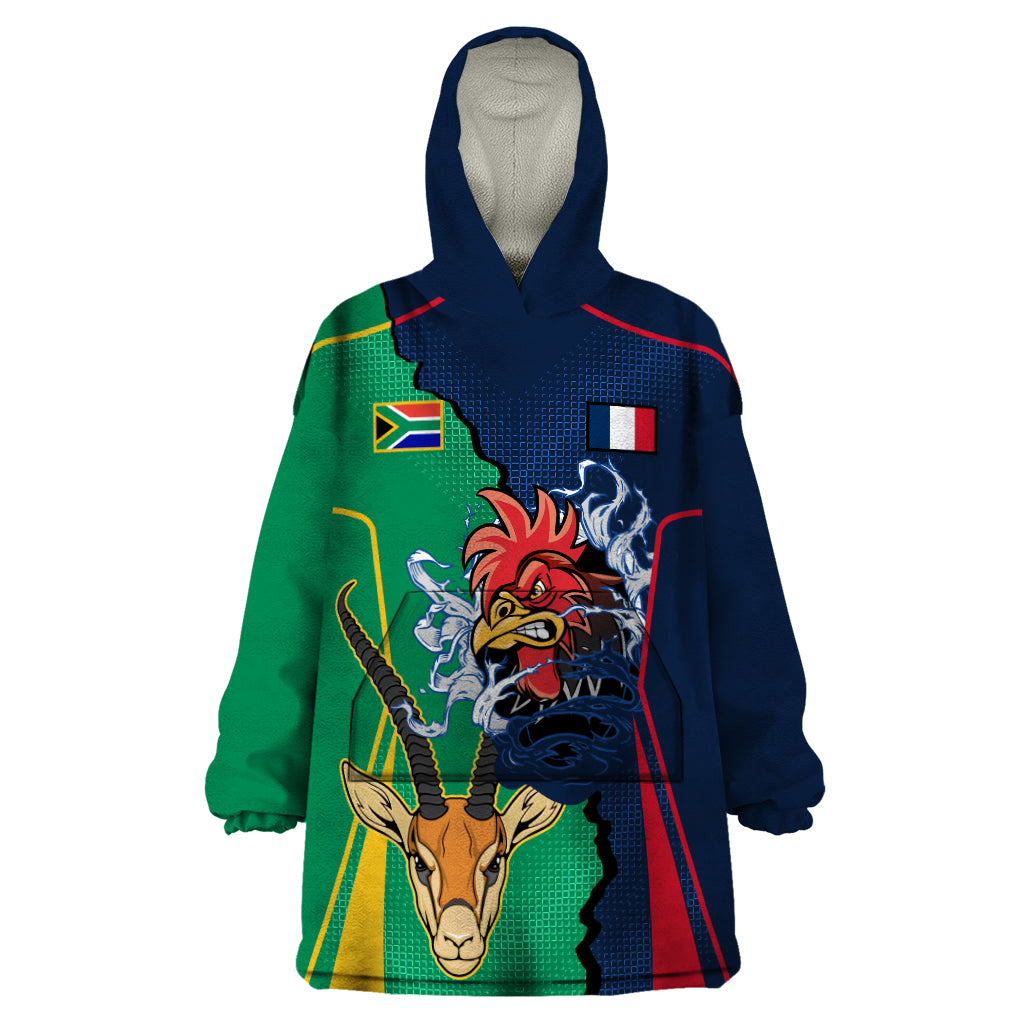 Custom France South Africa Rugby Wearable Blanket Hoodie Springboks and Gallic Rooster World Cup 2023 - Wonder Print Shop