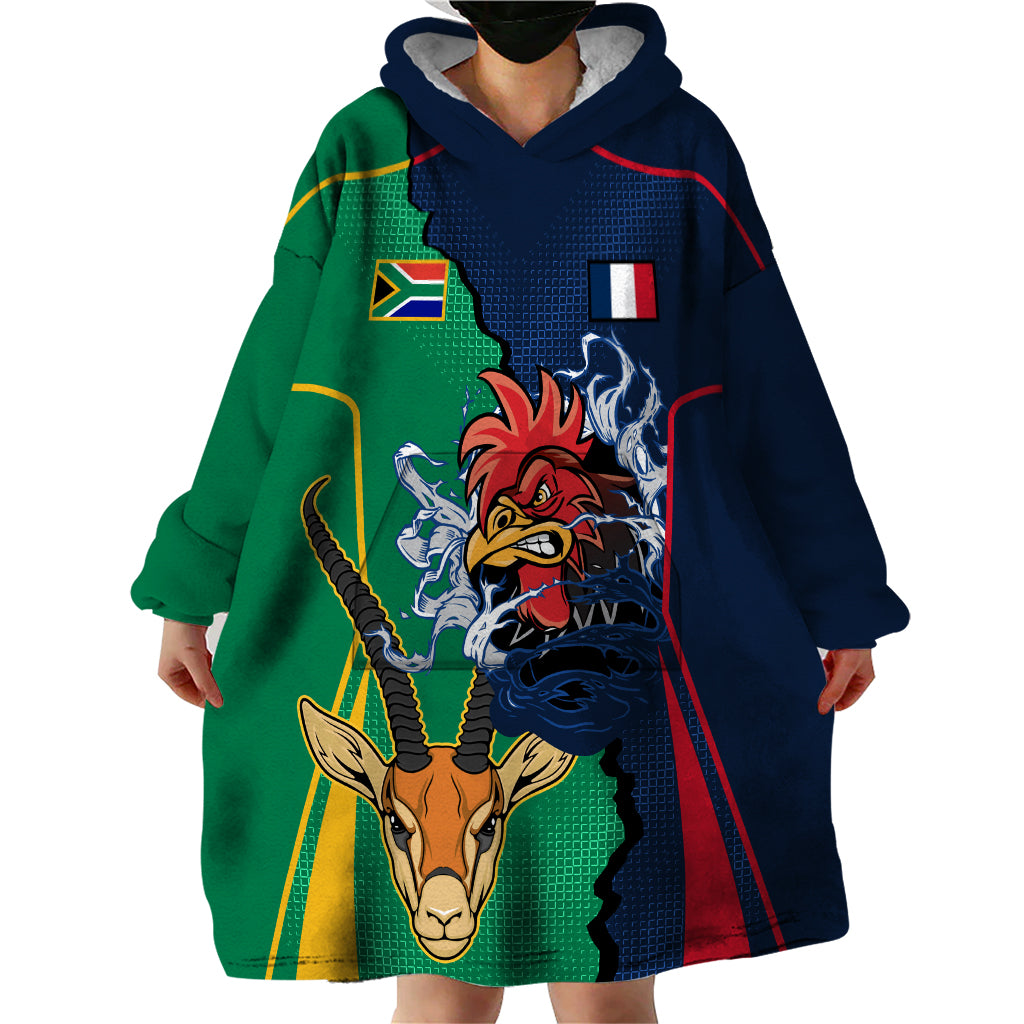 Custom France South Africa Rugby Wearable Blanket Hoodie Springboks and Gallic Rooster World Cup 2023 - Wonder Print Shop