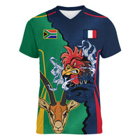 Custom France South Africa Rugby Women V Neck T Shirt Springboks and Gallic Rooster World Cup 2023 - Wonder Print Shop