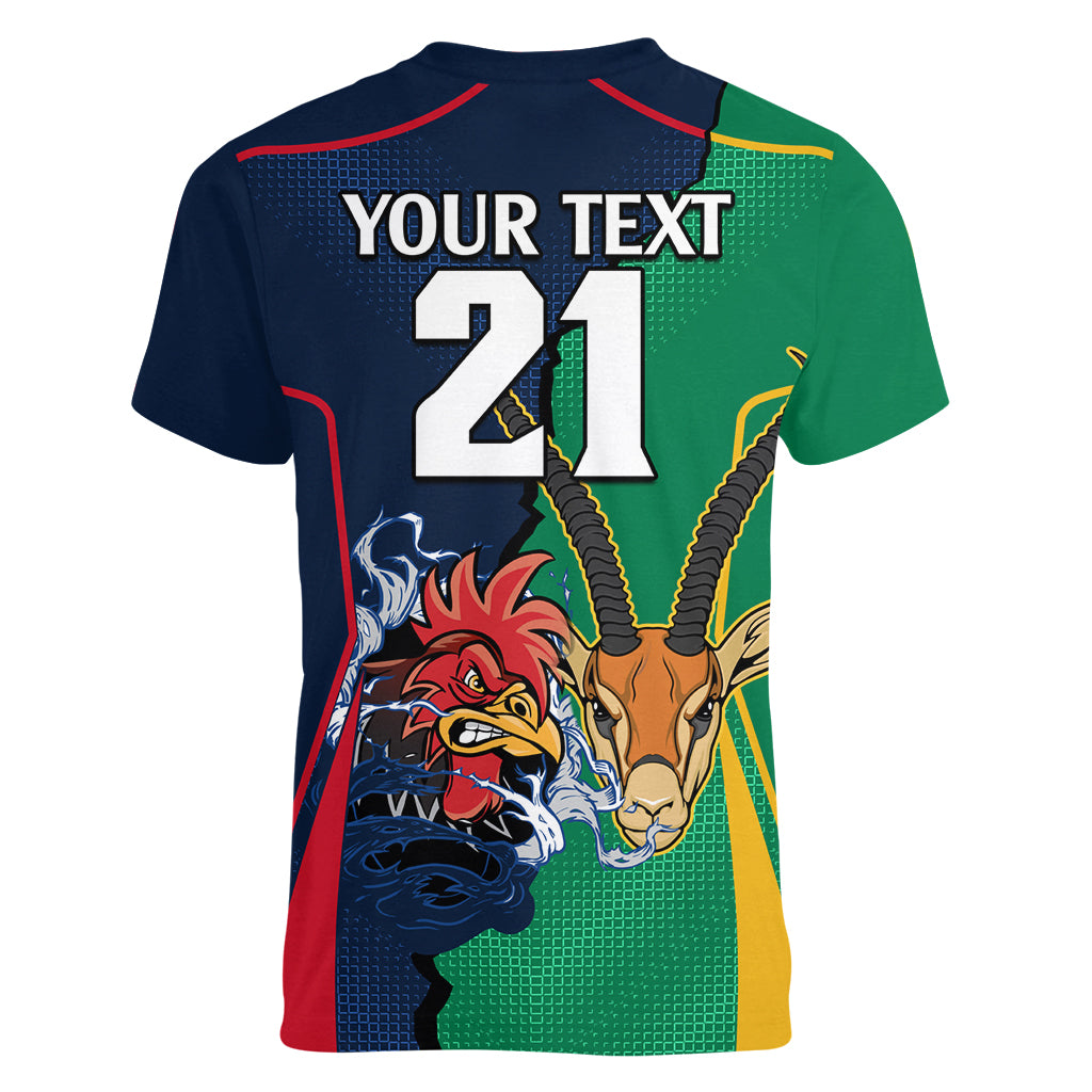 Custom France South Africa Rugby Women V Neck T Shirt Springboks and Gallic Rooster World Cup 2023 - Wonder Print Shop