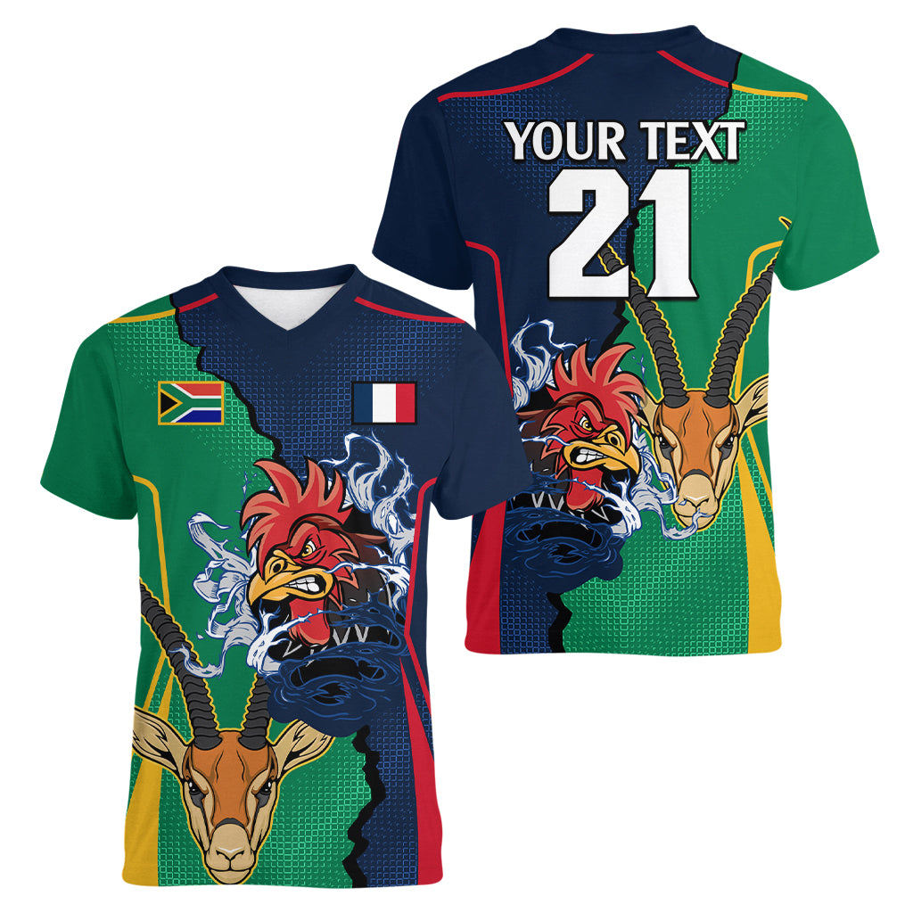 Custom France South Africa Rugby Women V Neck T Shirt Springboks and Gallic Rooster World Cup 2023 - Wonder Print Shop