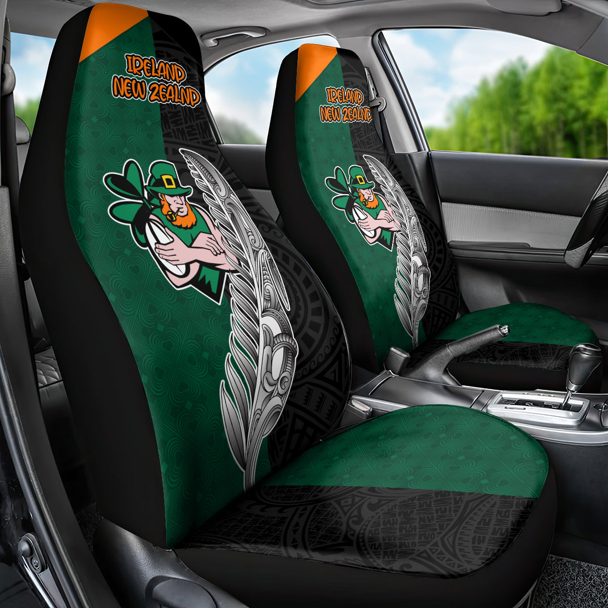 New Zealand Ireland Rugby Car Seat Cover Warrior Black Fern and Shamrocks World Cup 2023 LT9 - Wonder Print Shop