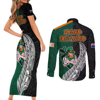 New Zealand Ireland Rugby Couples Matching Short Sleeve Bodycon Dress and Long Sleeve Button Shirts Warrior Black Fern and Shamrocks World Cup 2023 LT9 - Wonder Print Shop