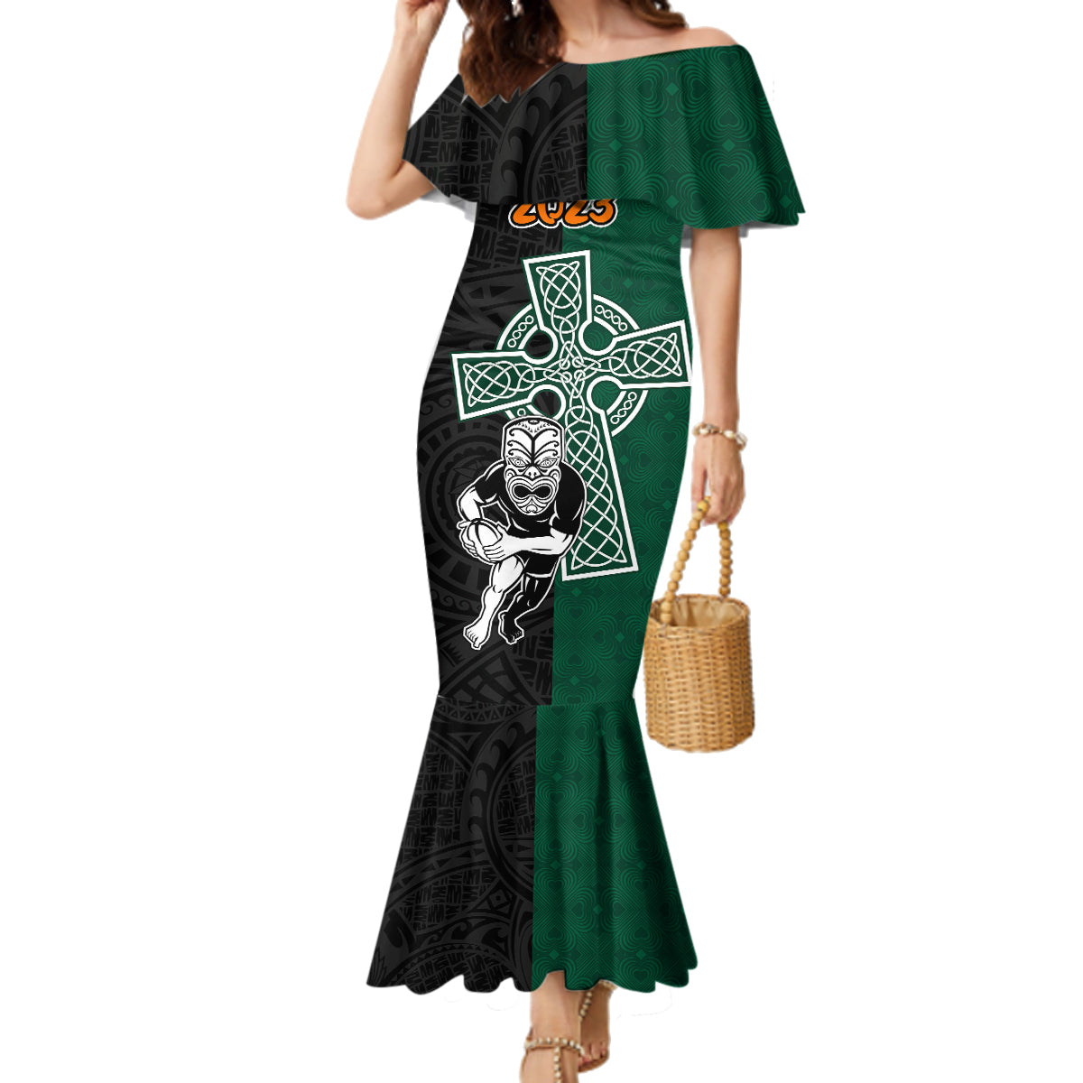 New Zealand Ireland Rugby Family Matching Mermaid Dress and Hawaiian Shirt Warrior Black Fern and Shamrocks World Cup 2023 LT9 - Wonder Print Shop