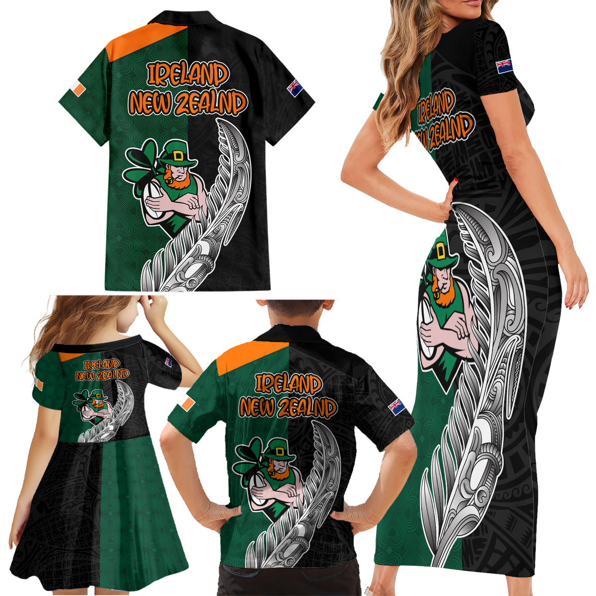 New Zealand Ireland Rugby Family Matching Short Sleeve Bodycon Dress and Hawaiian Shirt Warrior Black Fern and Shamrocks World Cup 2023 - Wonder Print Shop
