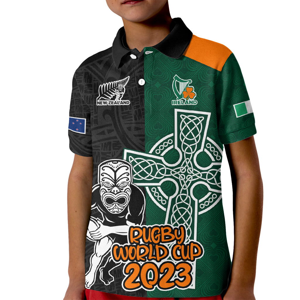 New Zealand Ireland Rugby Kid Polo Shirt Warrior Black Fern and Shamrocks World Cup 2023 - Wonder Print Shop