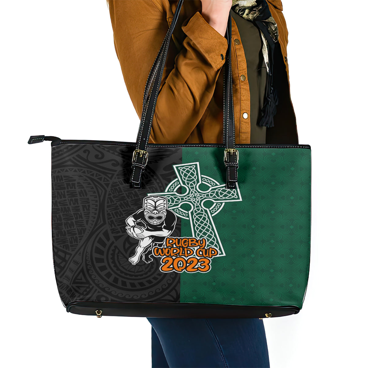 New Zealand Ireland Rugby Leather Tote Bag Warrior Black Fern and Shamrocks World Cup 2023 - Wonder Print Shop