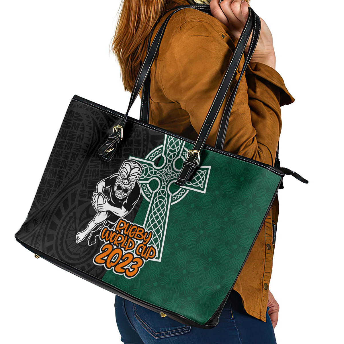 New Zealand Ireland Rugby Leather Tote Bag Warrior Black Fern and Shamrocks World Cup 2023 - Wonder Print Shop
