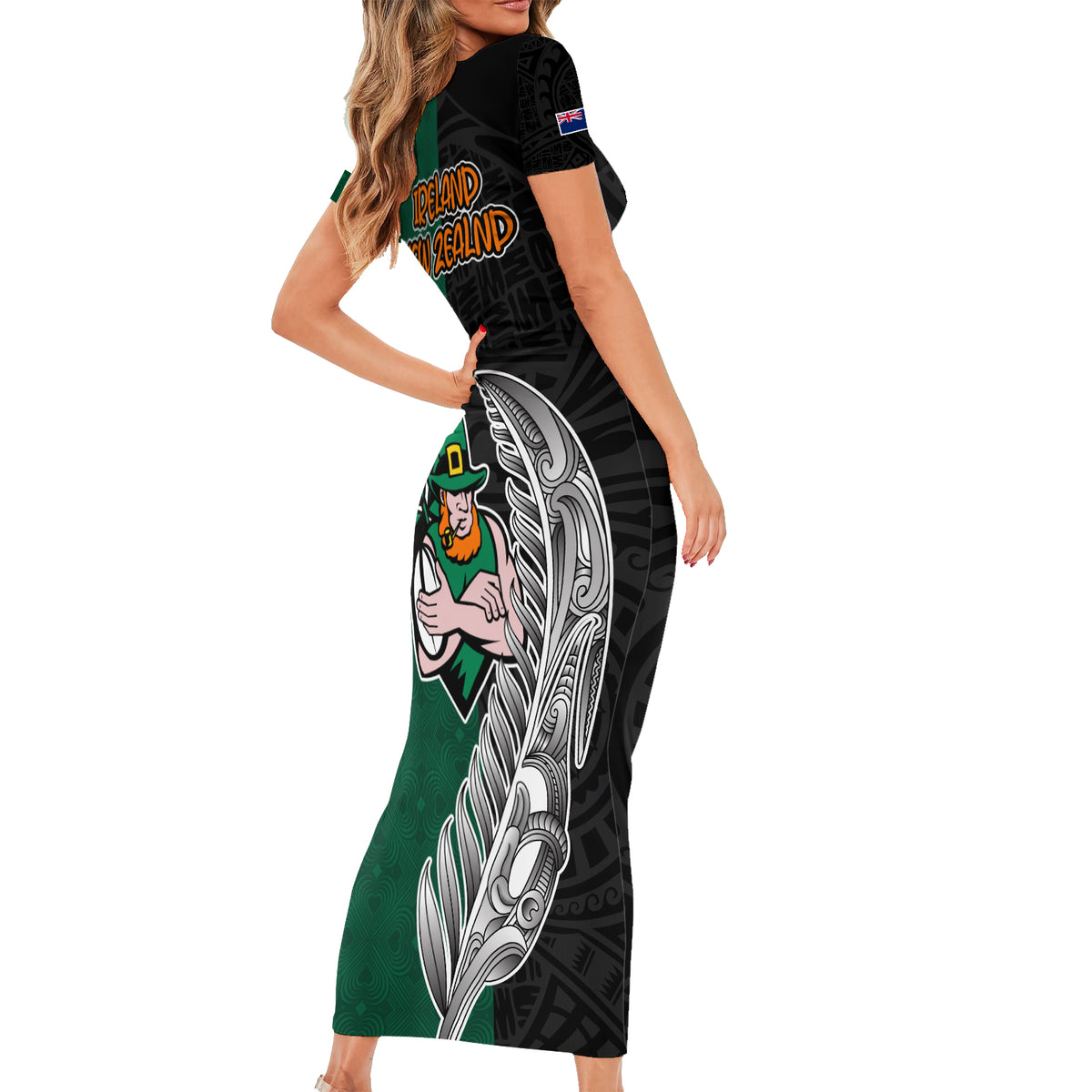 New Zealand Ireland Rugby Short Sleeve Bodycon Dress Warrior Black Fern and Shamrocks World Cup 2023 - Wonder Print Shop
