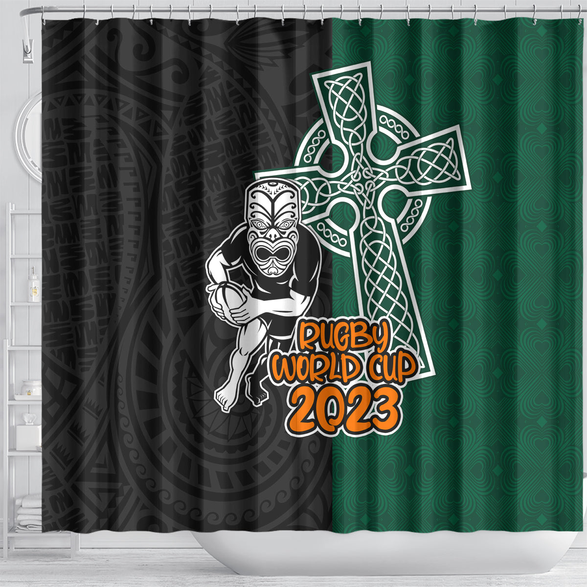 new-zealand-ireland-rugby-shower-curtain-warrior-black-fern-and-shamrocks-world-cup-2023