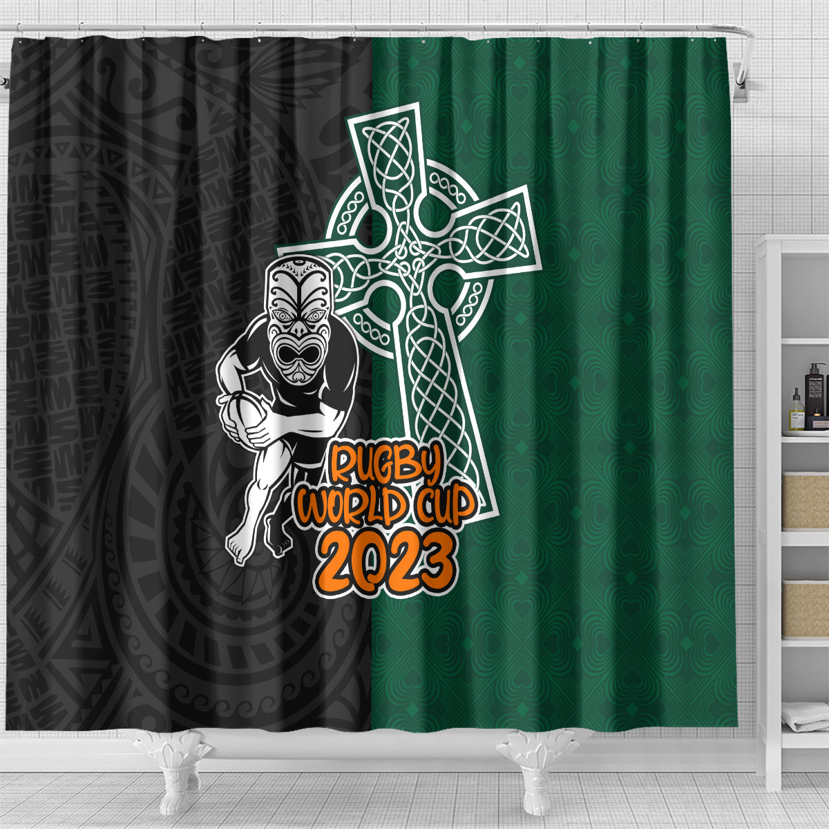 new-zealand-ireland-rugby-shower-curtain-warrior-black-fern-and-shamrocks-world-cup-2023
