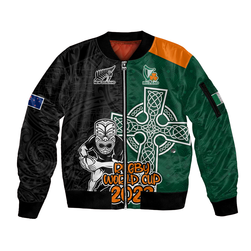 New Zealand Ireland Rugby Sleeve Zip Bomber Jacket Warrior Black Fern and Shamrocks World Cup 2023 - Wonder Print Shop