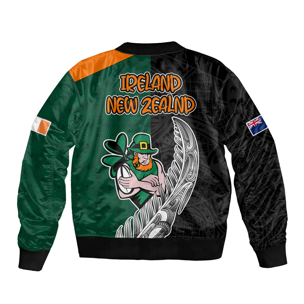New Zealand Ireland Rugby Sleeve Zip Bomber Jacket Warrior Black Fern and Shamrocks World Cup 2023 - Wonder Print Shop
