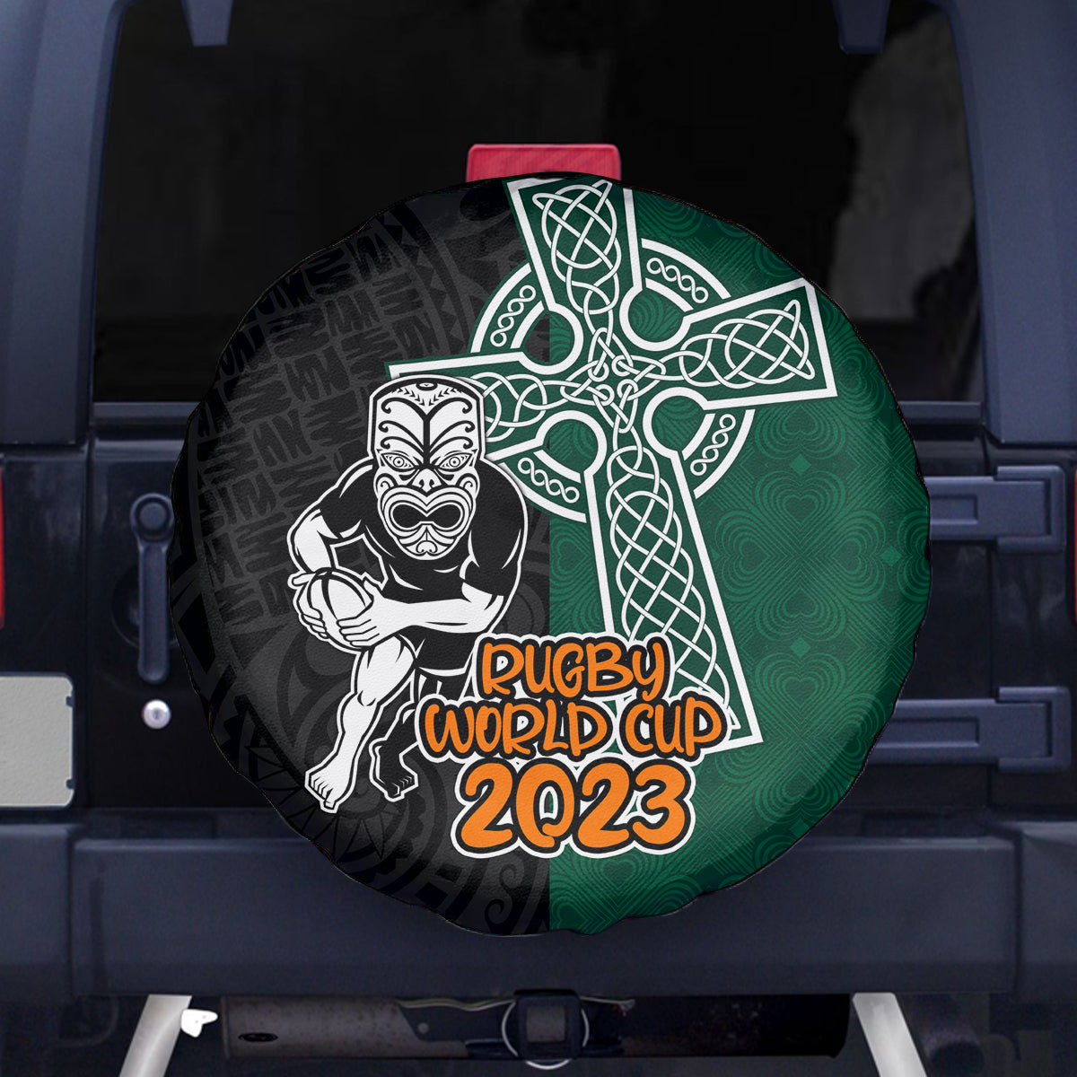 New Zealand Ireland Rugby Spare Tire Cover Warrior Black Fern and Shamrocks World Cup 2023 - Wonder Print Shop