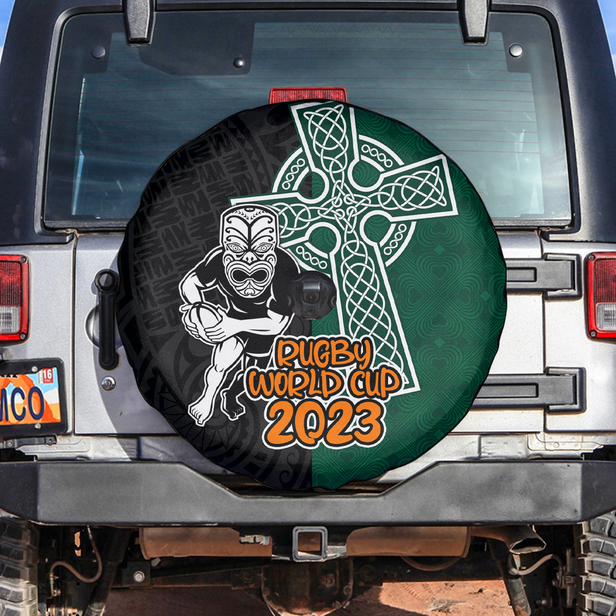 New Zealand Ireland Rugby Spare Tire Cover Warrior Black Fern and Shamrocks World Cup 2023 - Wonder Print Shop