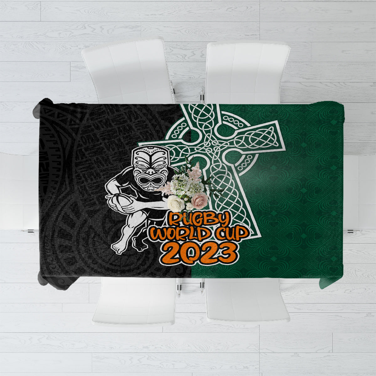 New Zealand Ireland Rugby Tablecloth Warrior Black Fern and Shamrocks World Cup 2023 - Wonder Print Shop