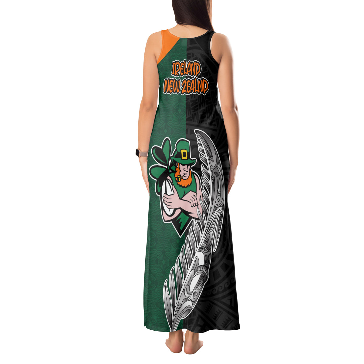 New Zealand Ireland Rugby Tank Maxi Dress Warrior Black Fern and Shamrocks World Cup 2023 - Wonder Print Shop