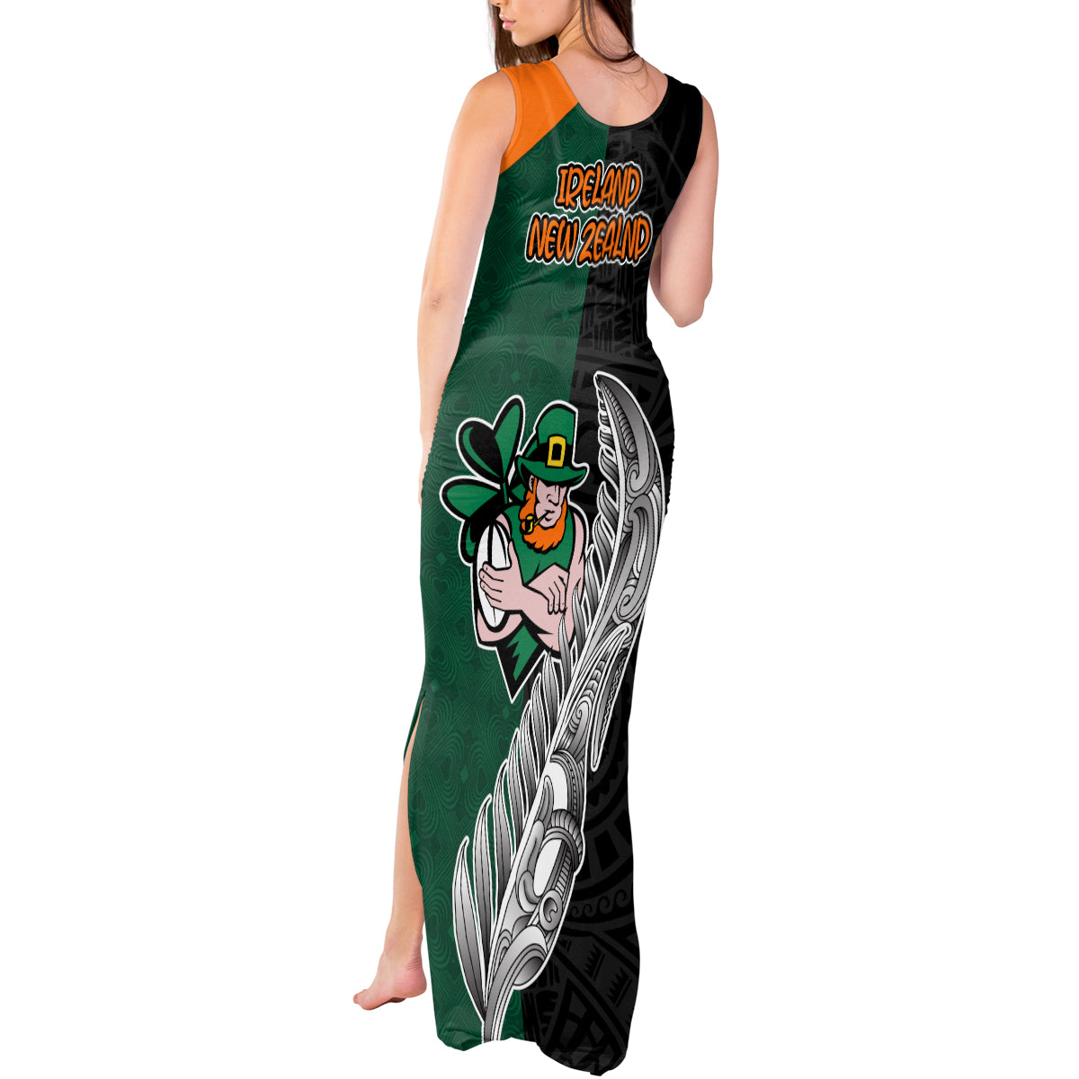 New Zealand Ireland Rugby Tank Maxi Dress Warrior Black Fern and Shamrocks World Cup 2023 - Wonder Print Shop