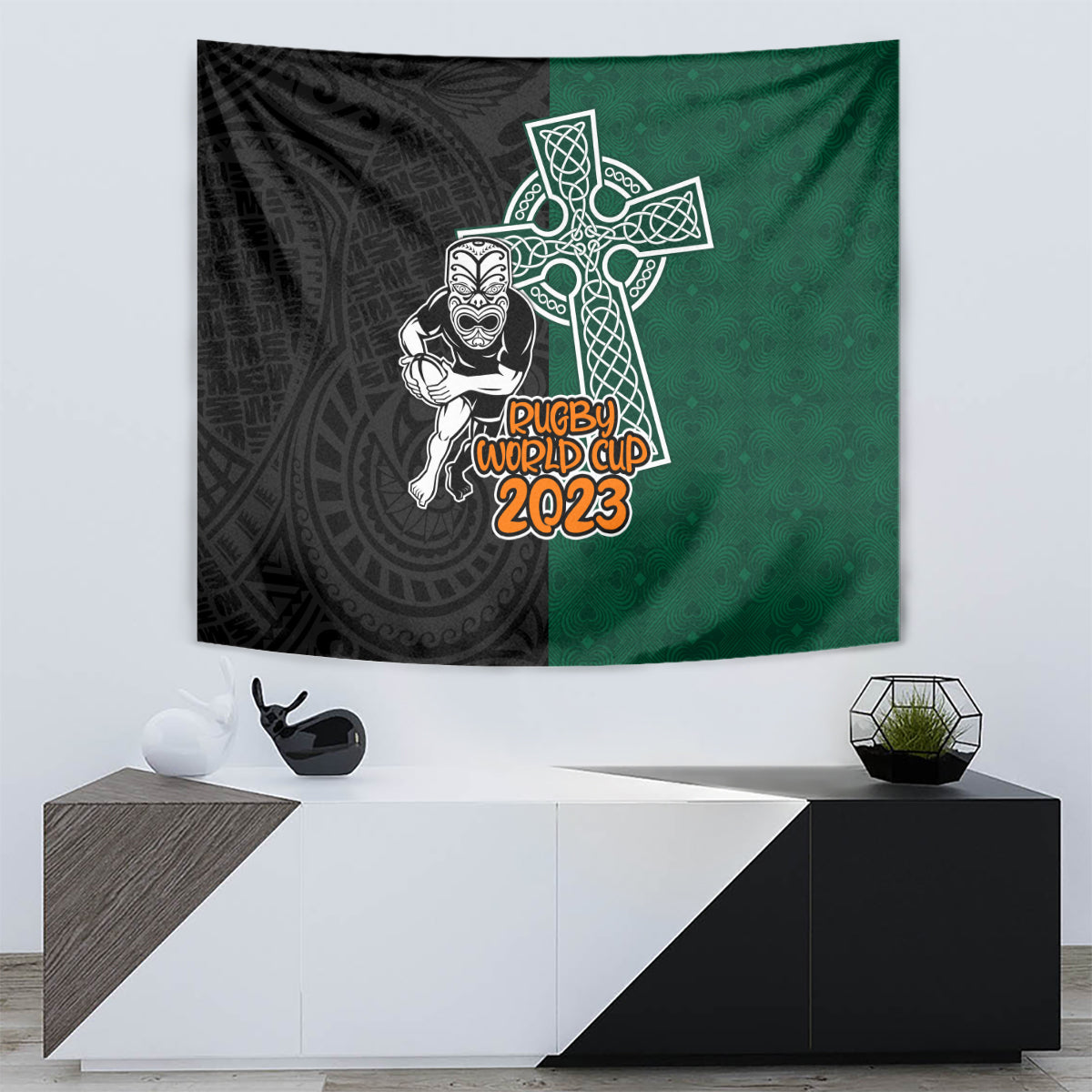 New Zealand Ireland Rugby Tapestry Warrior Black Fern and Shamrocks World Cup 2023 - Wonder Print Shop