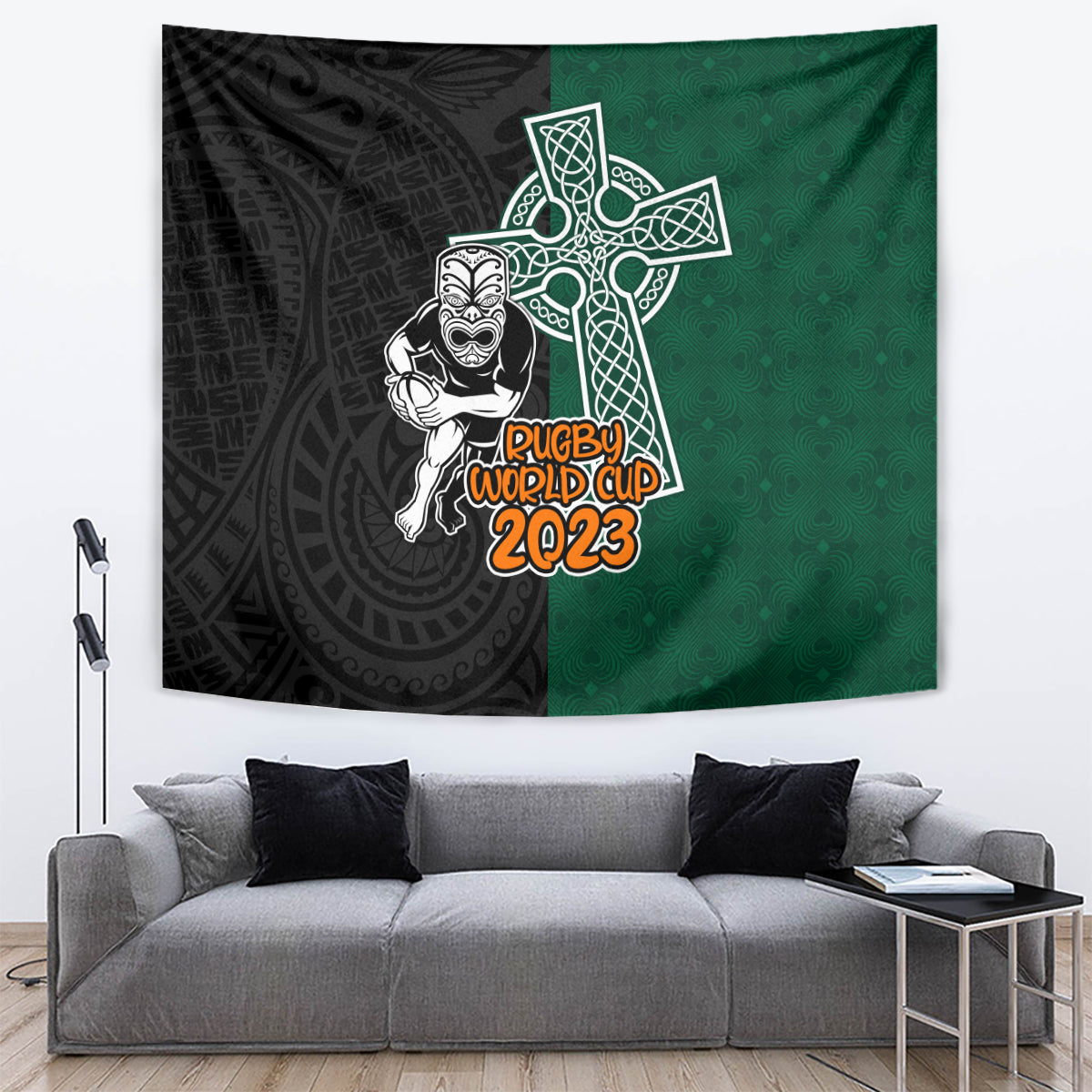 New Zealand Ireland Rugby Tapestry Warrior Black Fern and Shamrocks World Cup 2023 - Wonder Print Shop