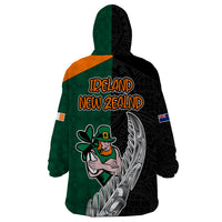New Zealand Ireland Rugby Wearable Blanket Hoodie Warrior Black Fern and Shamrocks World Cup 2023 - Wonder Print Shop