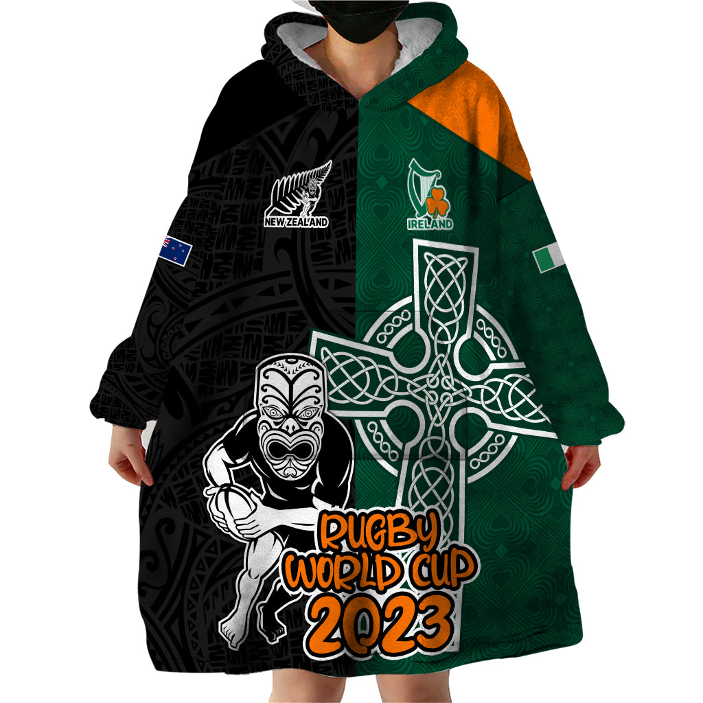 New Zealand Ireland Rugby Wearable Blanket Hoodie Warrior Black Fern and Shamrocks World Cup 2023 - Wonder Print Shop