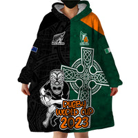 New Zealand Ireland Rugby Wearable Blanket Hoodie Warrior Black Fern and Shamrocks World Cup 2023 - Wonder Print Shop
