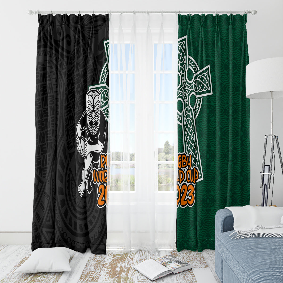 New Zealand Ireland Rugby Window Curtain Warrior Black Fern and Shamrocks World Cup 2023 - Wonder Print Shop
