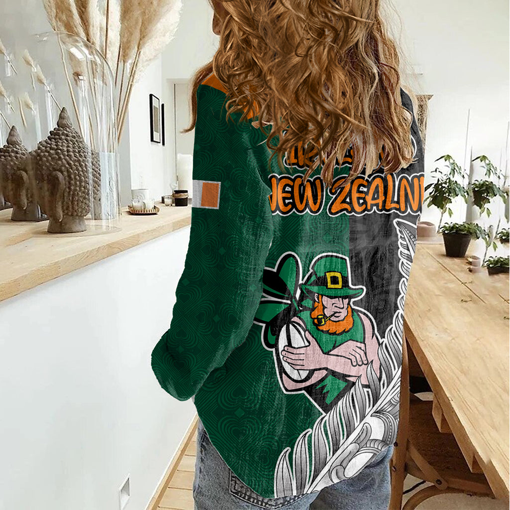 New Zealand Ireland Rugby Women Casual Shirt Warrior Black Fern and Shamrocks World Cup 2023 - Wonder Print Shop