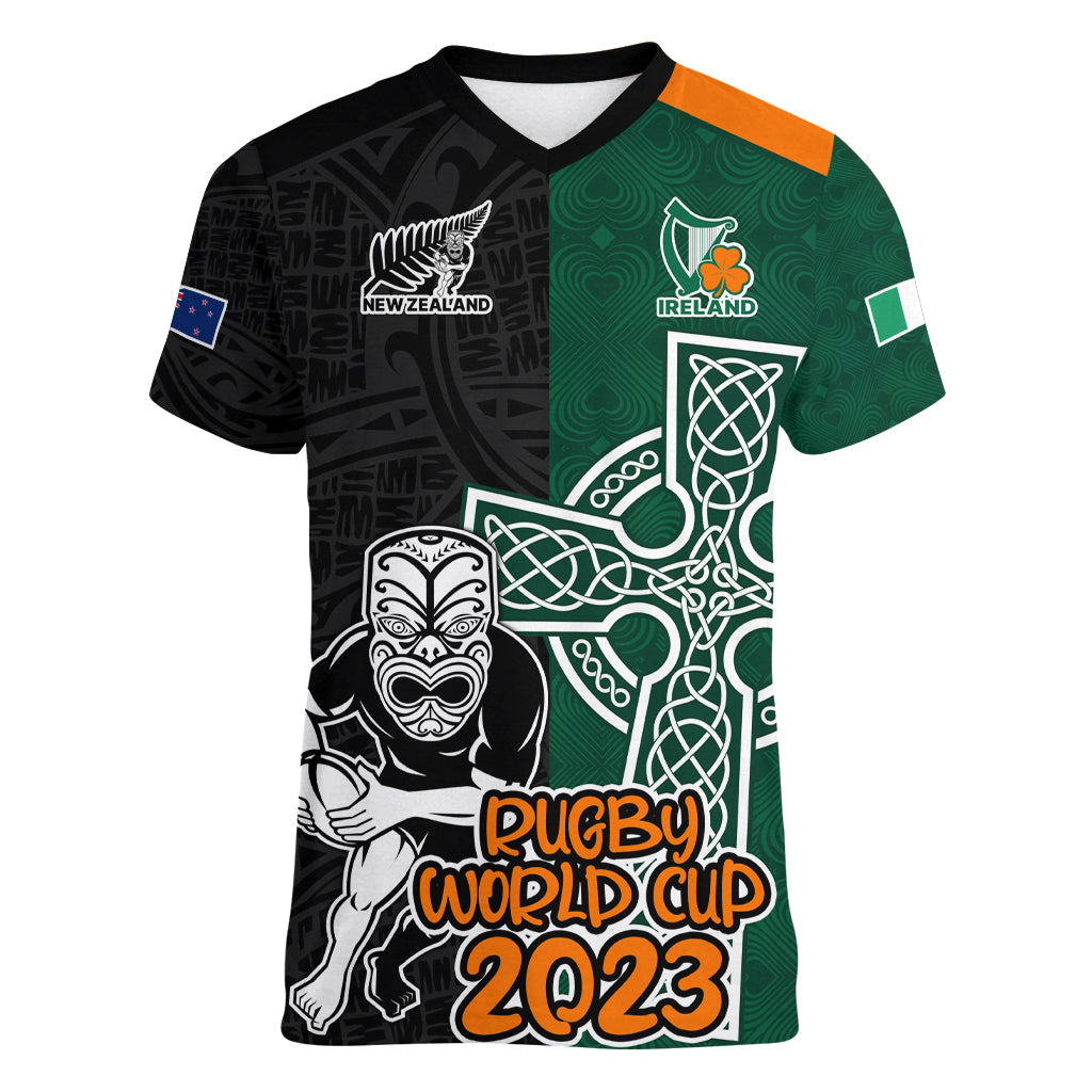 New Zealand Ireland Rugby Women V Neck T Shirt Warrior Black Fern and Shamrocks World Cup 2023 - Wonder Print Shop