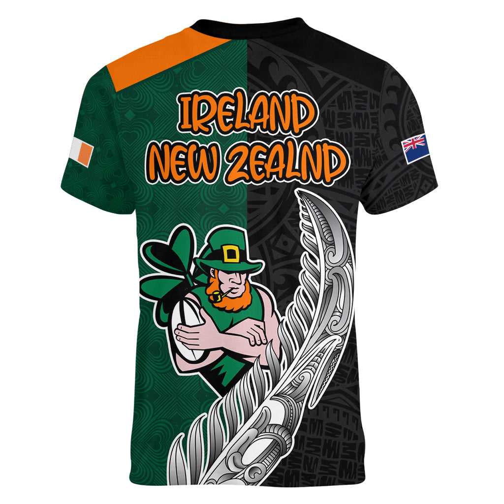 New Zealand Ireland Rugby Women V Neck T Shirt Warrior Black Fern and Shamrocks World Cup 2023 - Wonder Print Shop
