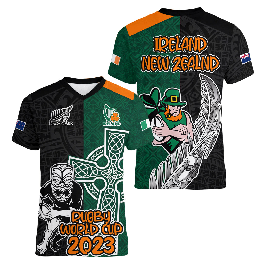 New Zealand Ireland Rugby Women V Neck T Shirt Warrior Black Fern and Shamrocks World Cup 2023 - Wonder Print Shop