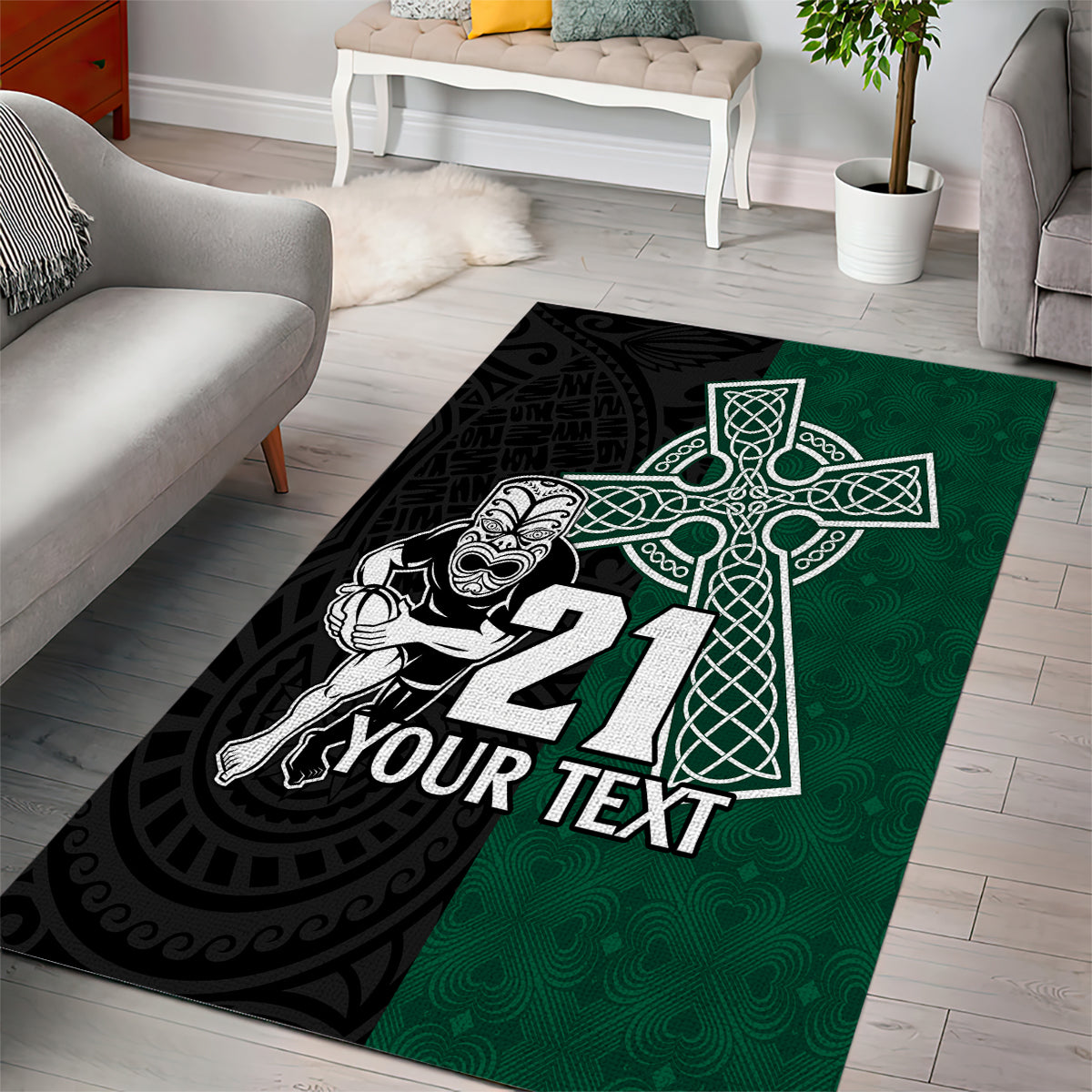 Custom New Zealand Ireland Rugby Area Rug Warrior Black Fern and Shamrocks World Cup 2023 LT9 - Wonder Print Shop