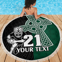 Custom New Zealand Ireland Rugby Beach Blanket Warrior Black Fern and Shamrocks World Cup 2023 LT9 - Wonder Print Shop