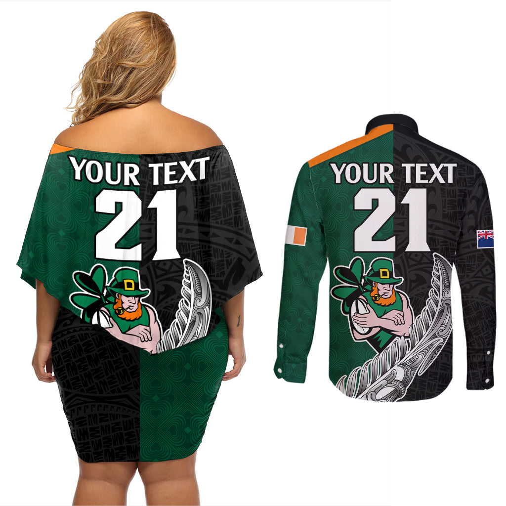 Custom New Zealand Ireland Rugby Couples Matching Off Shoulder Short Dress and Long Sleeve Button Shirts Warrior Black Fern and Shamrocks World Cup 2023 LT9 - Wonder Print Shop