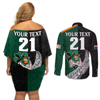 Custom New Zealand Ireland Rugby Couples Matching Off Shoulder Short Dress and Long Sleeve Button Shirts Warrior Black Fern and Shamrocks World Cup 2023 LT9 - Wonder Print Shop