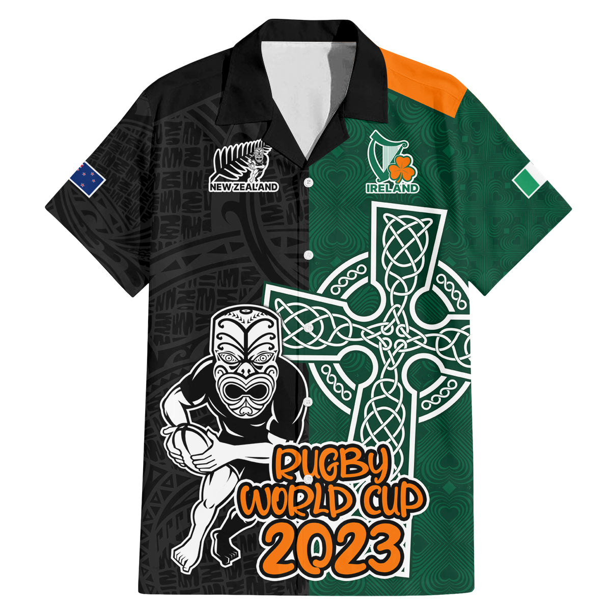 Custom New Zealand Ireland Rugby Family Matching Mermaid Dress and Hawaiian Shirt Warrior Black Fern and Shamrocks World Cup 2023 LT9 - Wonder Print Shop