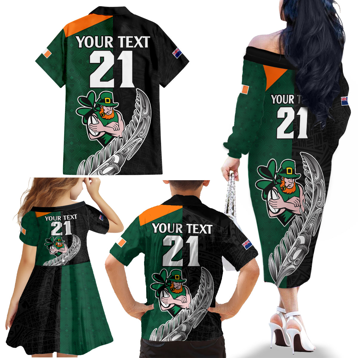 Custom New Zealand Ireland Rugby Family Matching Off Shoulder Long Sleeve Dress and Hawaiian Shirt Warrior Black Fern and Shamrocks World Cup 2023 - Wonder Print Shop