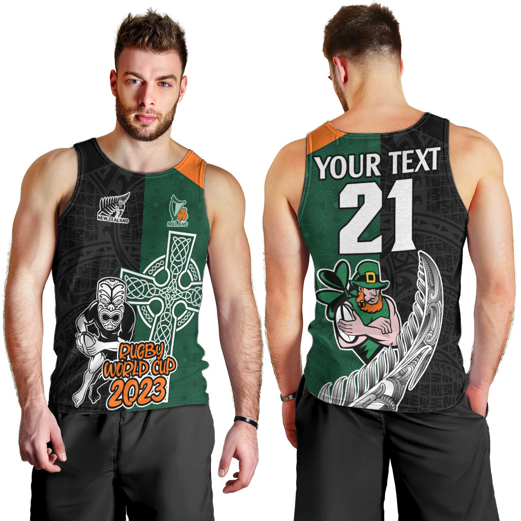 Custom New Zealand Ireland Rugby Men Tank Top Warrior Black Fern and Shamrocks World Cup 2023 - Wonder Print Shop
