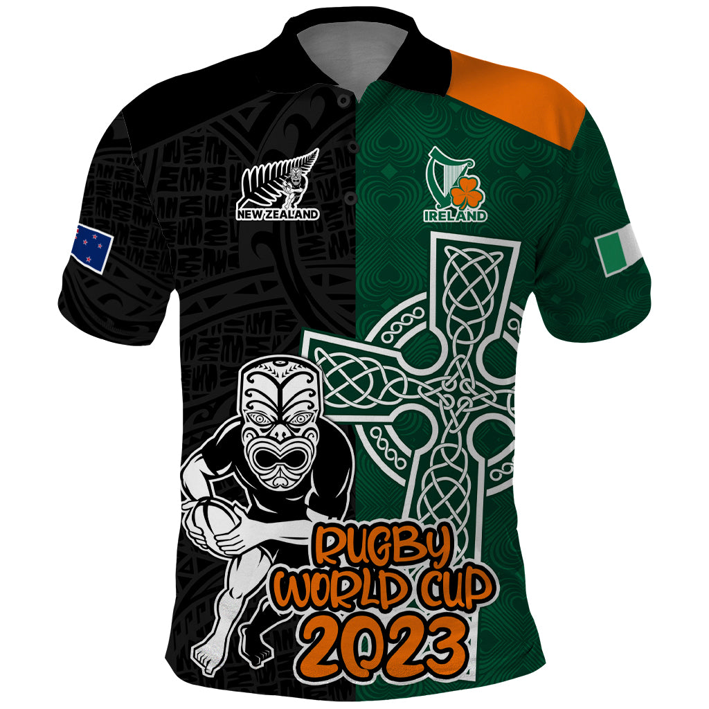 Custom New Zealand Ireland Rugby Polo Shirt Warrior Black Fern and Shamrocks World Cup 2023 - Wonder Print Shop