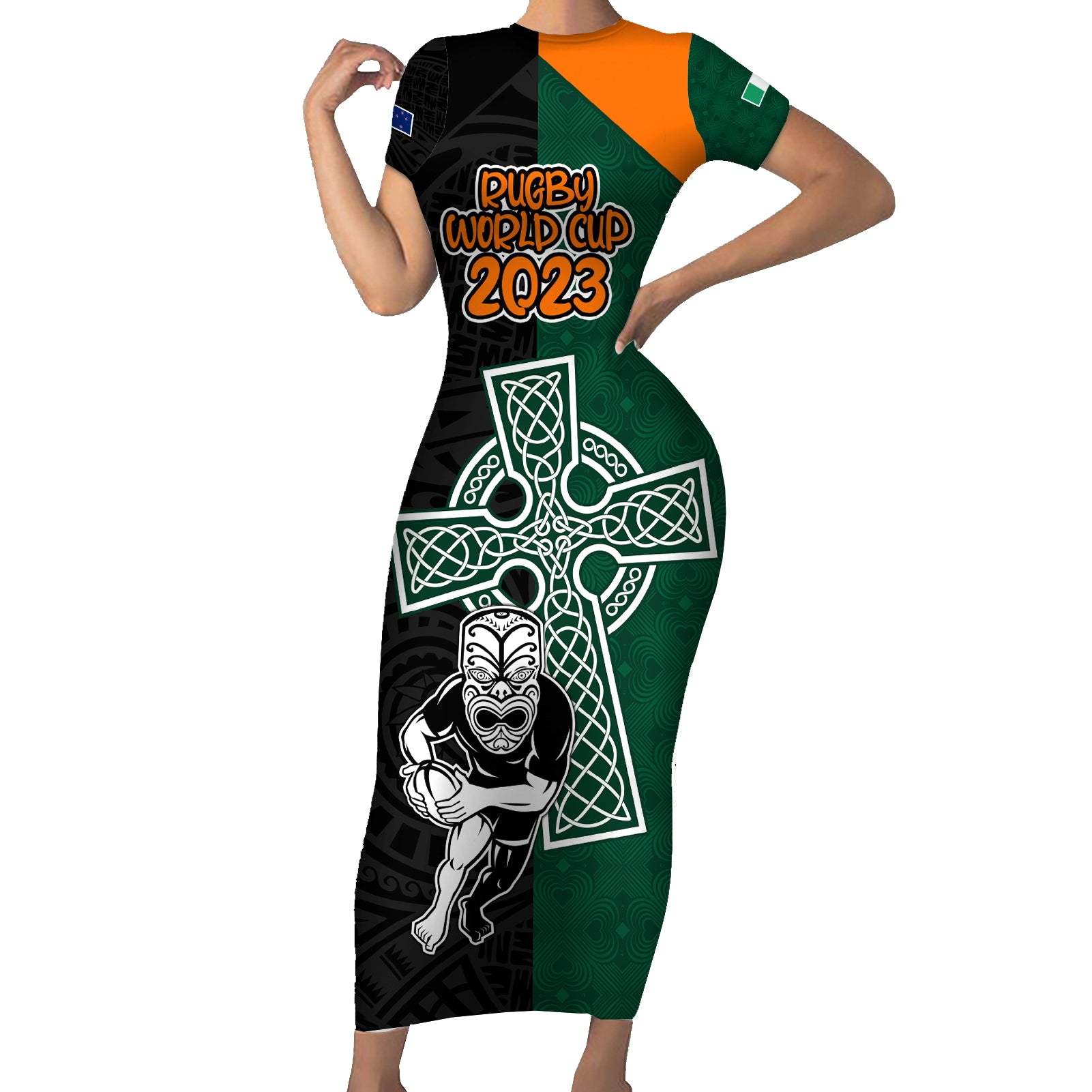Custom New Zealand Ireland Rugby Short Sleeve Bodycon Dress Warrior Black Fern and Shamrocks World Cup 2023 - Wonder Print Shop