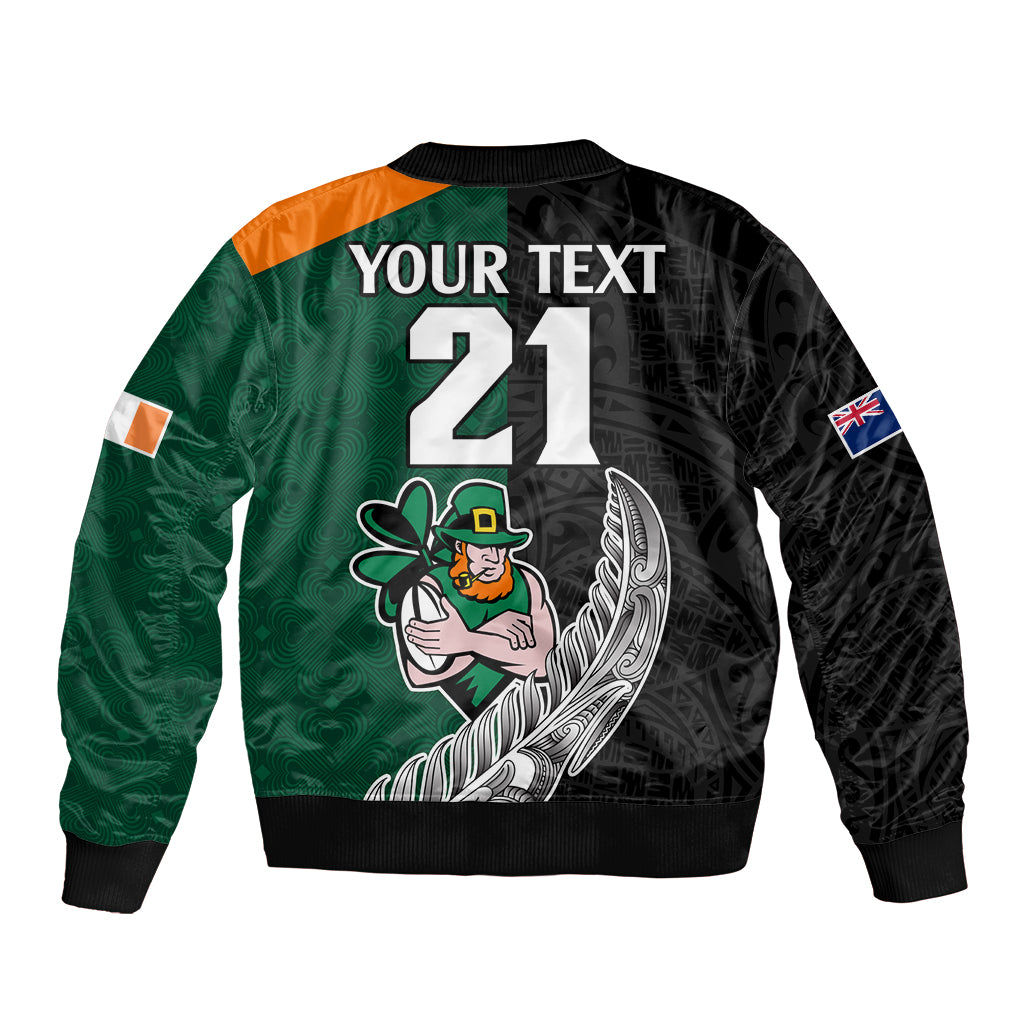 Custom New Zealand Ireland Rugby Sleeve Zip Bomber Jacket Warrior Black Fern and Shamrocks World Cup 2023 - Wonder Print Shop