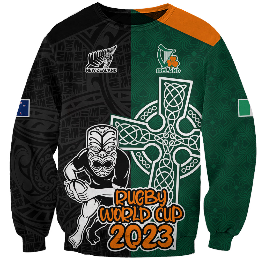 Custom New Zealand Ireland Rugby Sweatshirt Warrior Black Fern and Shamrocks World Cup 2023 - Wonder Print Shop