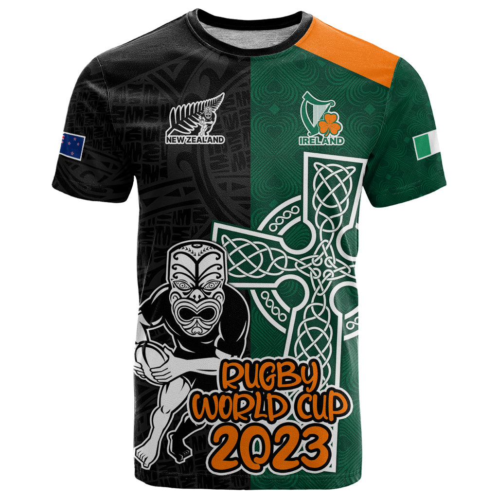 Custom New Zealand Ireland Rugby T Shirt Warrior Black Fern and Shamrocks World Cup 2023 - Wonder Print Shop